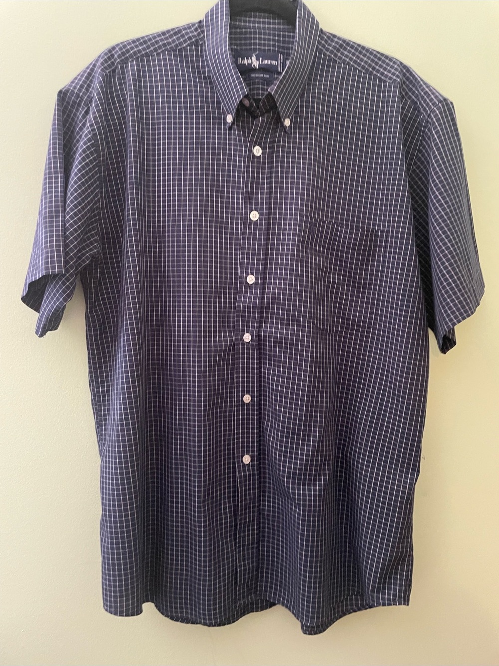Ralph Lauren Navy and White Checked Short-Sleeve Button-Down Shirt
